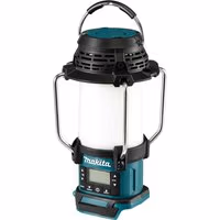 Makita DMR055 18v LXT cordless radio and work light lantern with teal accents, metal handle, and digital display.