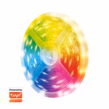 Colorful LED light strip on a spool, featuring a gradient from red to blue, with a white section, 5m long, and marked as Tuya compatible for smart home integration.