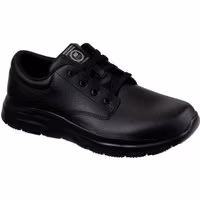 Black Skechers occupational shoe, lace-up design, slip-resistant sole, smooth leather upper, size 12.