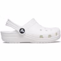 White Crocs toddler clog with perforated toe box, heel strap, and textured sole, size Infant 5.