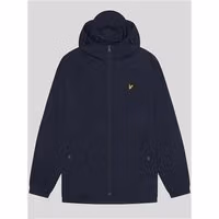 Dark navy hooded jacket with zip closure, small yellow logo on chest, elastic cuffs, and side pockets.