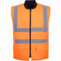 Orange Portwest hi-vis reversible bodywarmer, XXL, with reflective stripes and front pockets.