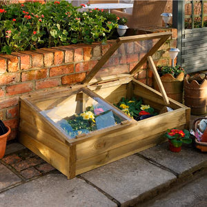 Large wooden cold frame in natural wood finish, featuring a sloped glass lid, housing vibrant flowers, set against a brick wall with potted plants and greenery.