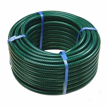 Green PVC reinforced hose coiled neatly, measuring 30m in length and 12.5mm in diameter, secured with blue straps for easy handling.